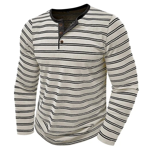AIDASE  -  New Men's Henley Collar Long Sleeve T-Shirts Striped Casual Button T Shirt for Men Spring Autumn Male Fashion Cotton Tees Tops aidase-shop