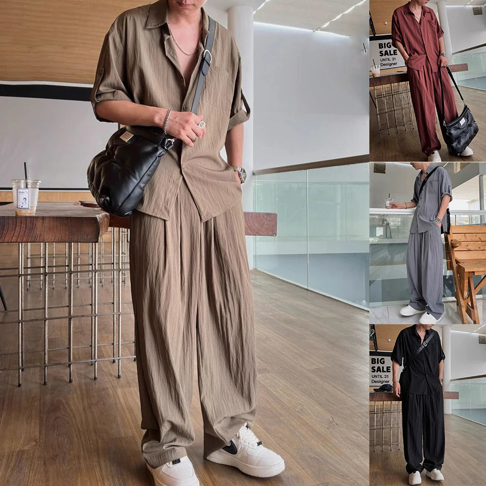 Aidase Mens Casual Light Shirt Wide Leg Pants 2024 New Genderless Fashion Vacation Basics Versatile Solid Color Suit Two-Piece Unisex aidase-shop
