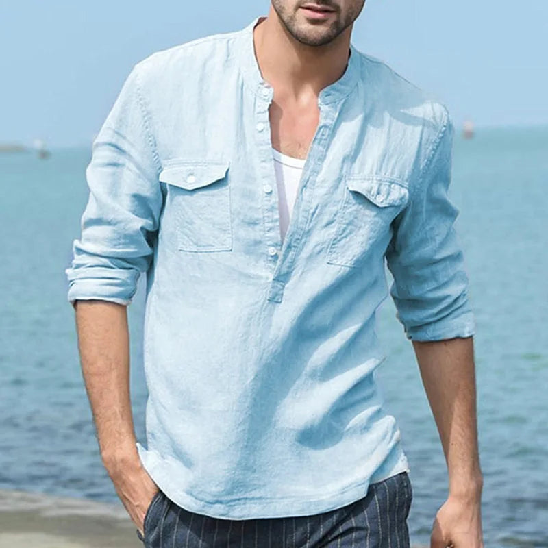 AIDASE  -  A Large Number of Spot 2025 Cross-border Foreign Trade Amazon Men's Cotton Linen Casual Long-sleeved Shirts with Pockets Shirts aidase-shop