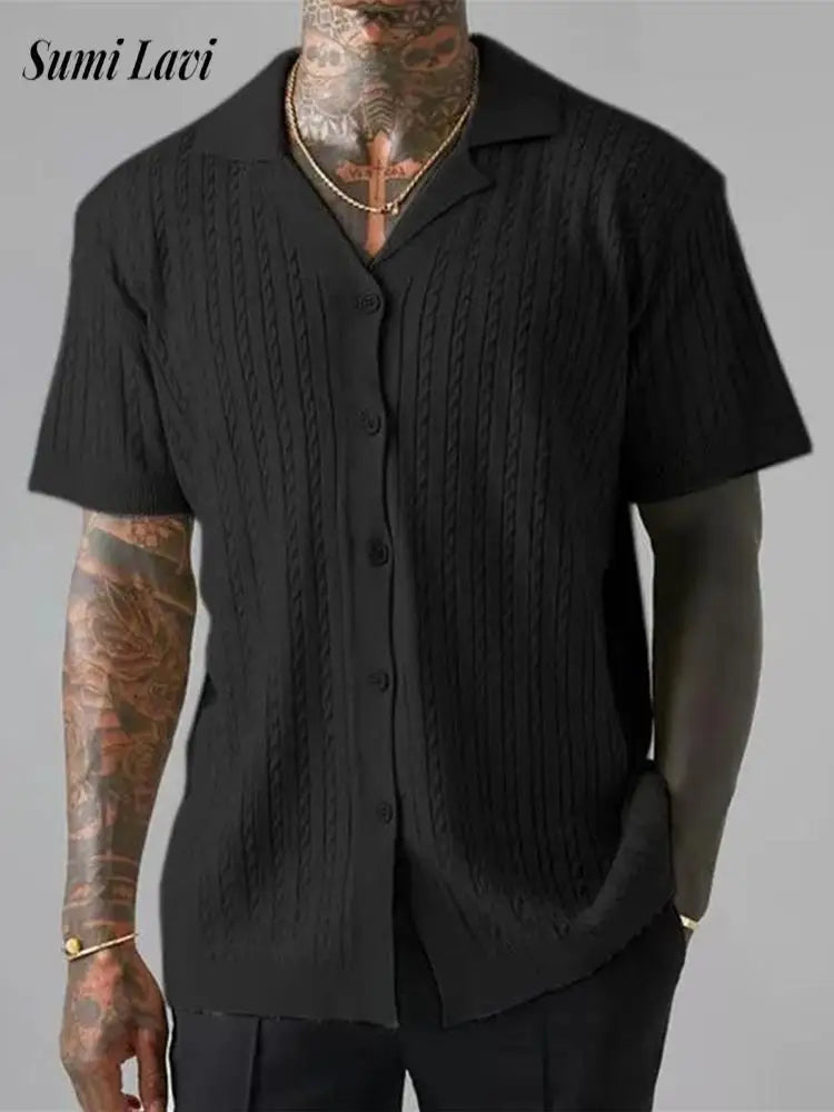 AIDASE  -  Streetwear Fashion Knitting Shirts Mens Summer Vintage Jacquard Turn-down Collar Cardigan Tops Men New Casual Slim Knitted Shirt aidase-shop