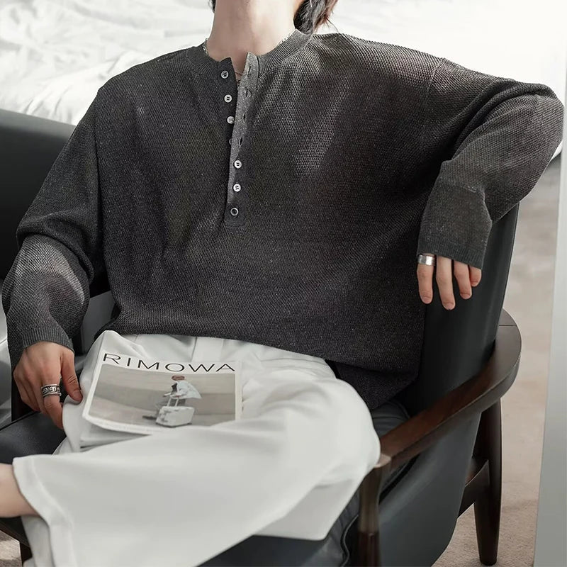 AIDASE  -  Spring Autumn Casual Men's Knitting Tops Stylish Knitted Henley T Shirts Mens Trendy Long Sleeve Button Hollow Out Knit T-shirt aidase-shop