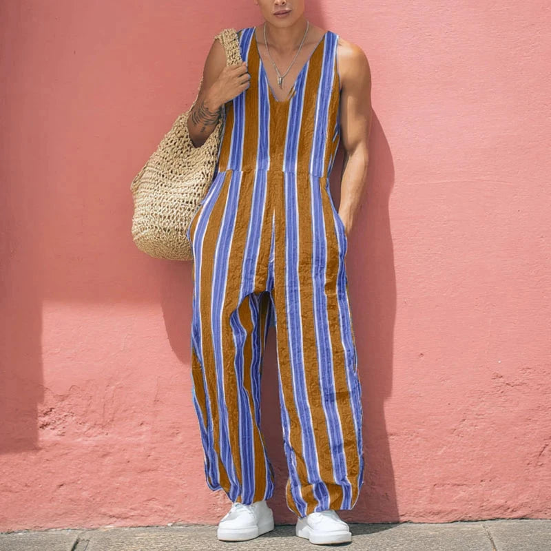 AIDASE  -  Men Jumpsuits Striped V Neck Sleeveless Casual Male Rompers Streetwear Loose Vacation Summer Fashion Male Overalls S-5XL aidase-shop