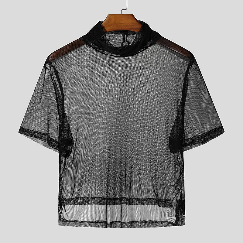 AIDASE  -  Men Sets Mesh See Through Sexy Turtleneck Short Sleeve T Shirt & Pants 2PCS Streetwear Summer 2025 Fashion Men's Suits aidase-shop