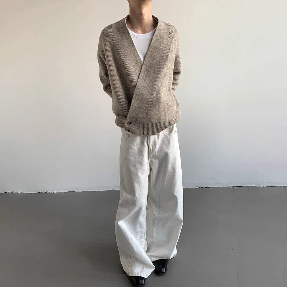 AIDASE  -  American High Street Fashion Solid Color Sweater Jacket Autumn And Winter Irregular Oblique Button V-Neck Cardigan Sweater Men aidase-shop