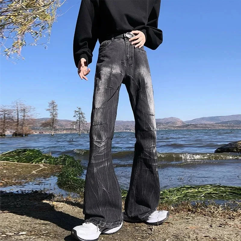 AIDASE  -  Vintage Male Jeans Wrinkled Lightning Pattern Washed Design Layered Slightly Flared Men's Denim Pants Fashion New 21E7545 aidase-shop