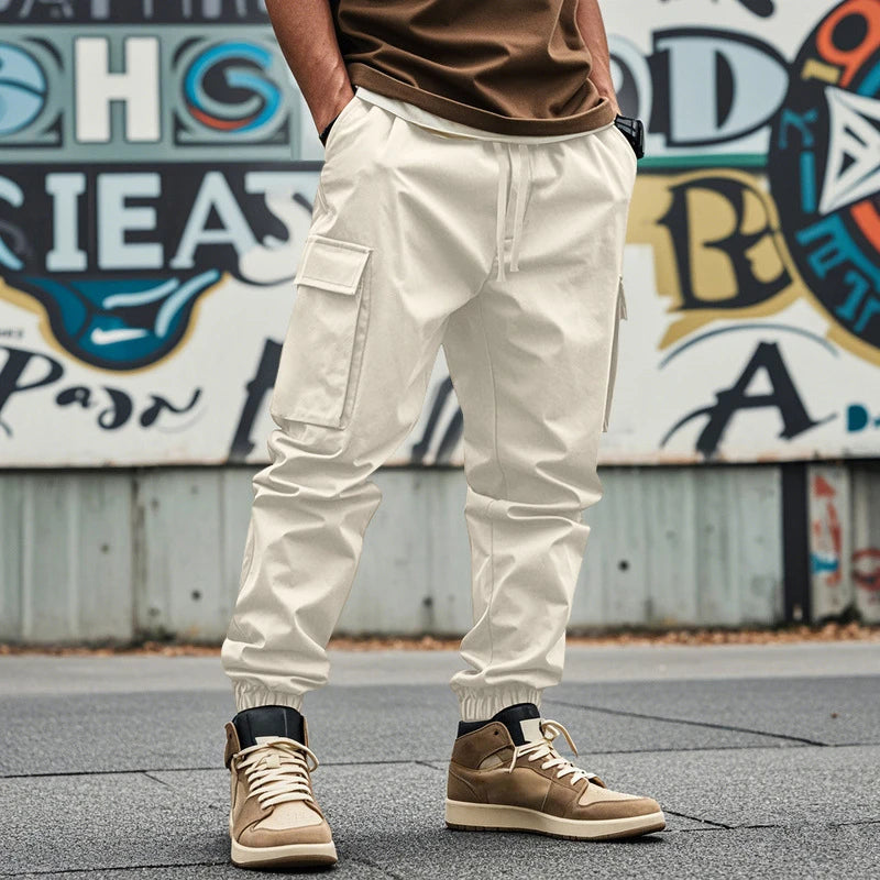 AIDASE  -  Summer Casual Loose Trousers Men Fashion Pure Color Drawstring Patchwork Pants Stylish Mens Multi Pockets Cargo Pants Streetwear aidase-shop