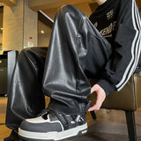 Aidase Men's PU Leather pants Fashion baggy Motorcycle Pants Men Wide-leg Mopping Trousers All-match Windproof Plus Size 8XL-M
