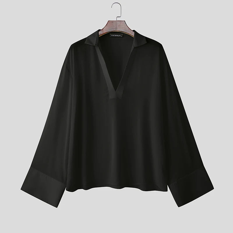 AIDASE  -  Men T Shirt Solid Color V Neck Long Sleeve Loose Casual Male Tee Tops 2025 Streetwear Translucent Fashion Men Clothing aidase-shop