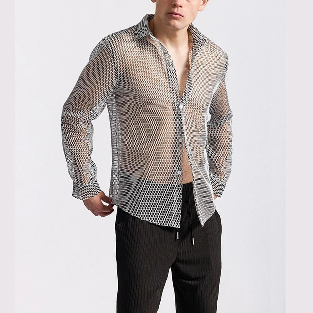 AIDASE  -  Mens Shirt Hollow Ballroom Nightclub Sexy Shirt Streetwear Fashion Youth Outdoor Niche Long-Sleeved Top Men'S Clothing 2025 New aidase-shop