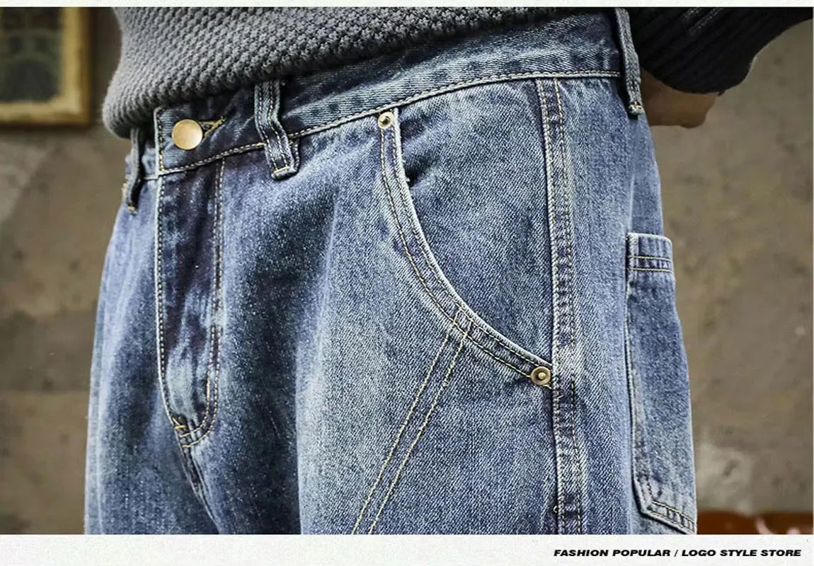 Aidase American Style Multi Pocket Denim Pants Men Spring Autumn Loose Straight Trouser Trendy Vintage Cargo Jeans Fashion Streetwear