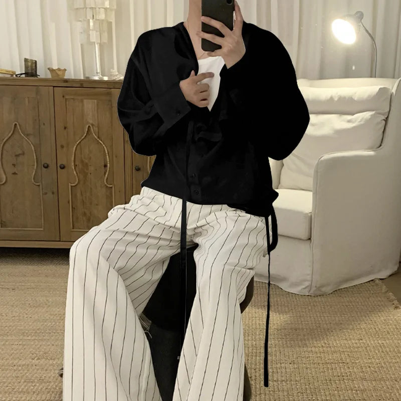 AIDASE  -  Men Shirt Solid Color V Neck Long Sleeve Loose Casual Male Tops Streetwear Korean Style Shirts 2025 Fashion Men Clothing aidase-shop