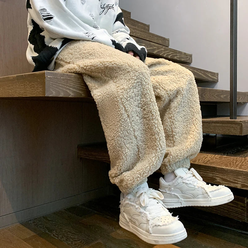 Aidase Winter Thickened Pants Men Warm Fashion Retro Lamb Wool Pants Men Oversized Streetwear Loose Straight Pants Mens Thick Trousers aidase-shop