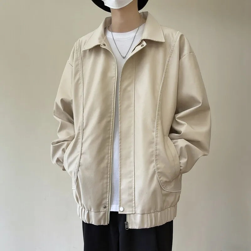 AIDASE  -  Spring Autumn Men's Motorcycles Leather Jacket Turn Down Collar Cargo PU Outwear Coat Male Solid Loose Fashion Moto Biker Jacket aidase-shop