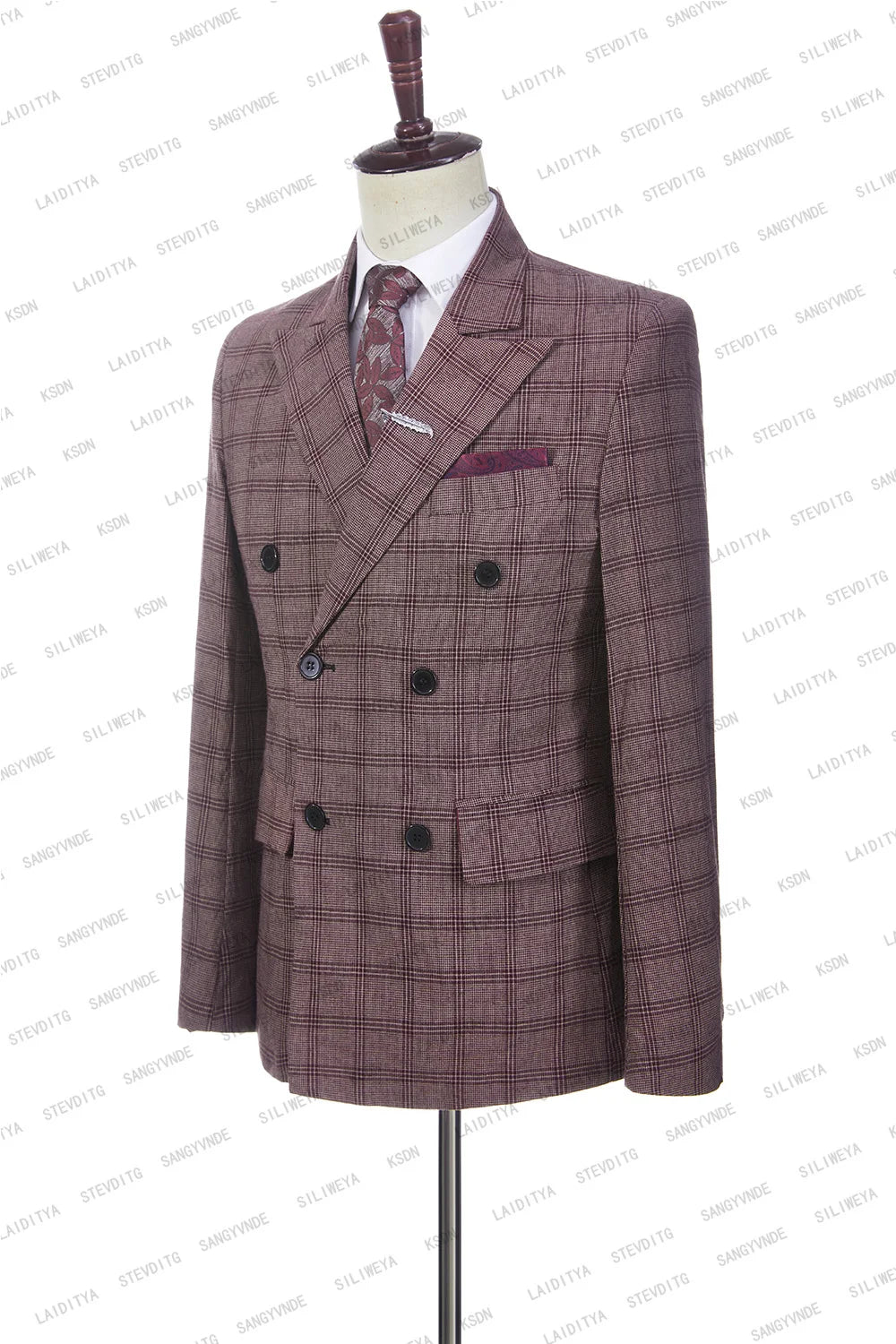 Aidase Men's Wedding Plaid Burgundy Blazers Jacket Pants Vest 3 Pcs Set Slim Fit Business Tuxedo Dress Classic Formal Suits Coat