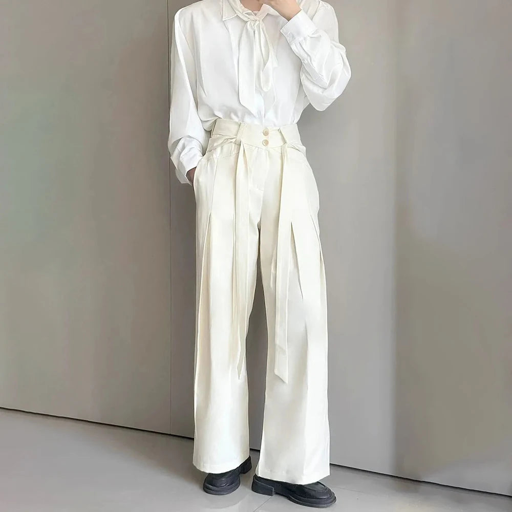 AIDASE  -  Summer New Men's Solid Color Ribbon Suit Trousers American Fashion Trend High Street Loose Casual Breathable Men's Bottoms aidase-shop