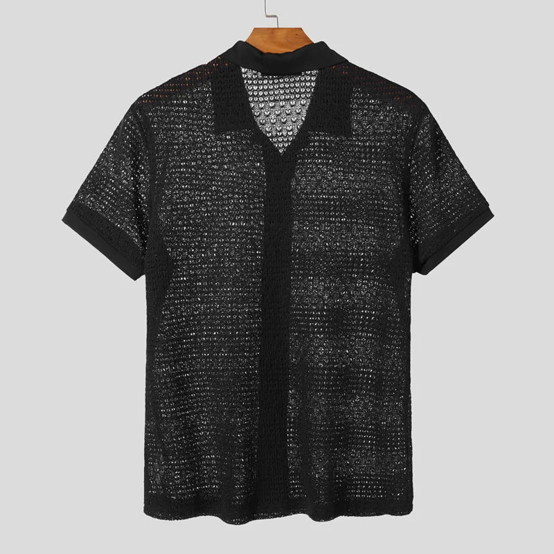 AIDASE  -  Men Shirt Hollow Out See Through Lapel Short Sleeve Men Clothing Summer Streetwear 2025 Fashion Casual Male Shirts S-5XL aidase-shop