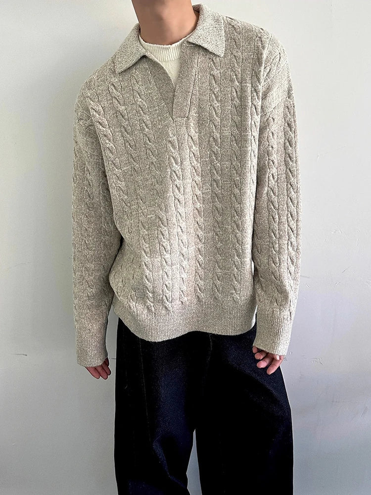AIDASE  -  Autumn Casual Long Sleeve Knit Jumper Tops Mens Vintage Polo Neck Knitted Pullover Trendy Men's Twist Crochet Sweater Polo Shirt aidase-shop