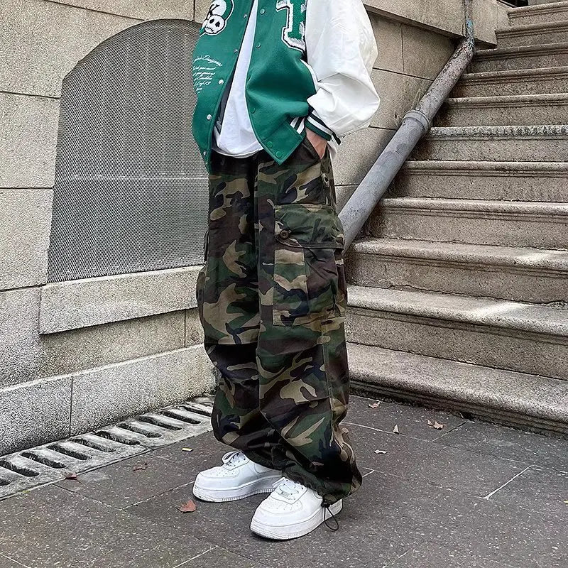 AIDASE  -  High Street Retro Hiphop Pants Baggy Camouflage Cargo Pants Men's Straight Skateboard Street Dance Jogger Pants Trendy Tie Foot aidase-shop