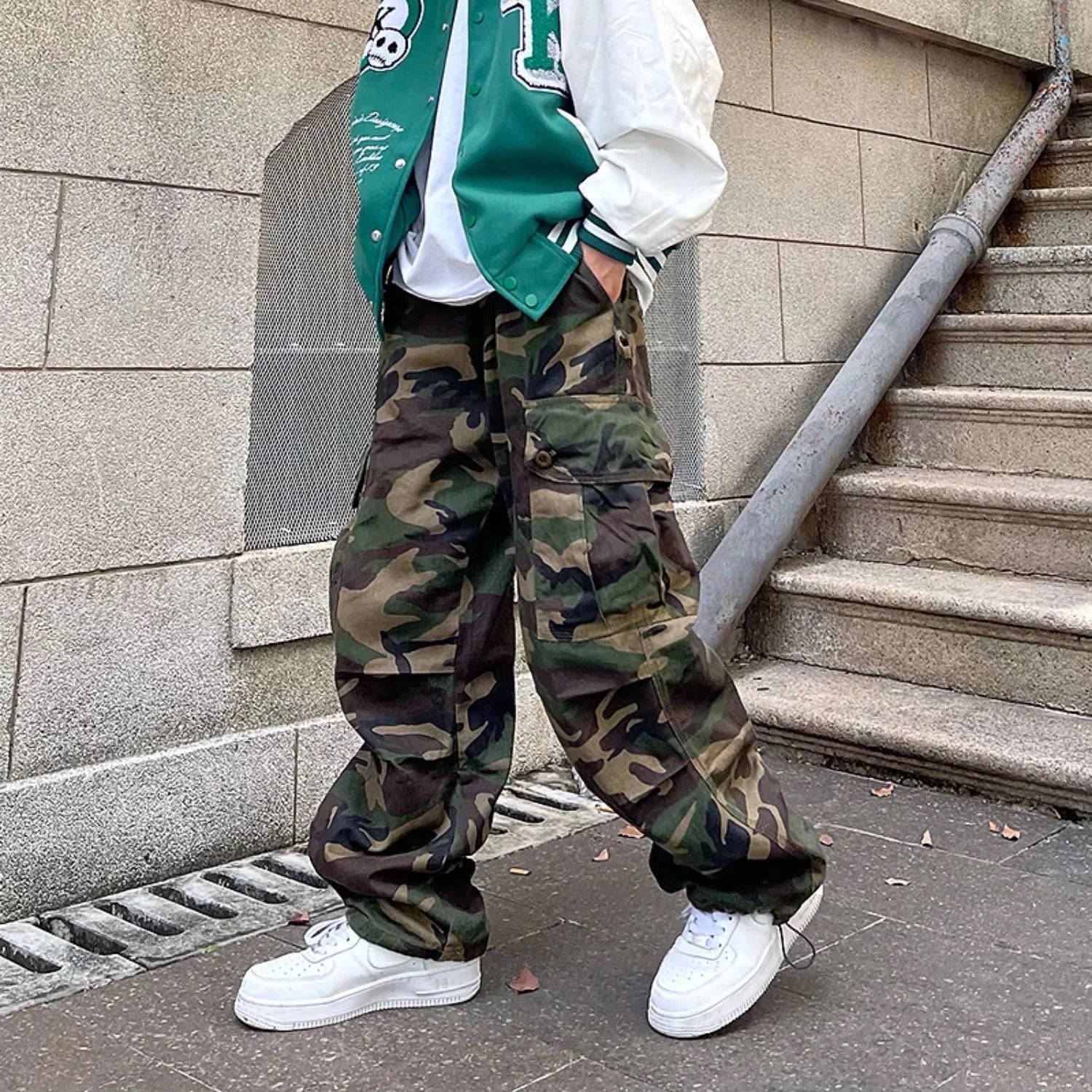 AIDASE  -  High Street Retro Hiphop Pants Baggy Camouflage Cargo Pants Men's Straight Skateboard Street Dance Jogger Pants Trendy Tie Foot aidase-shop