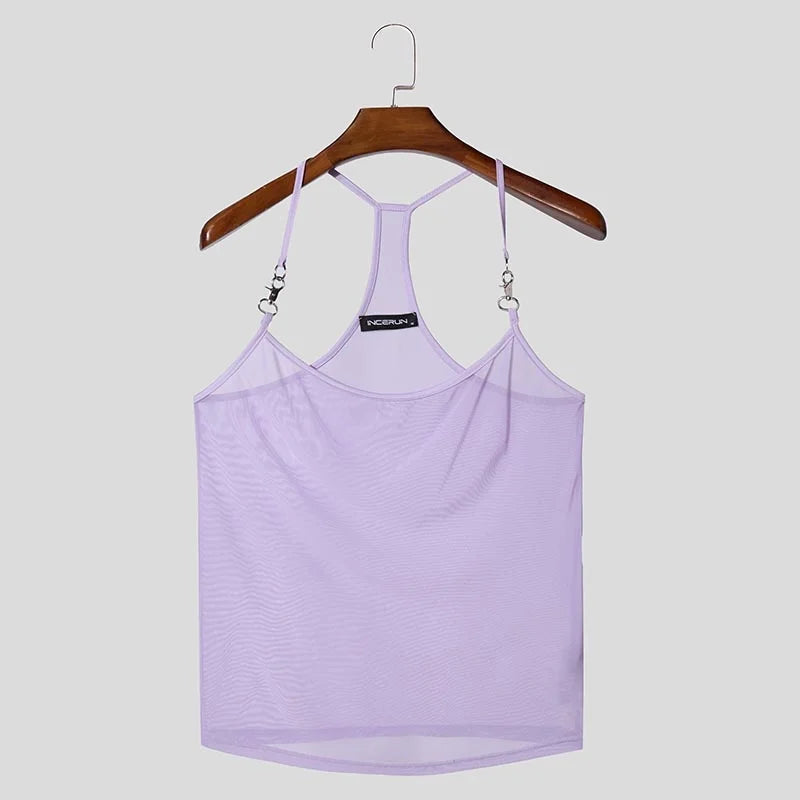 AIDASE  -  Men Tank Tops Mesh Transparent Solid Color Sexy Sleeveless Male Vests Summer Streetwear 2025 Fashion Men Clothing S-3XL aidase-shop