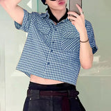 AIDASE  -  Men Plaid Shirt Lapel Short Sleeve Pockets Korean Style Men Clothing Summer Loose 2025 Streetwear Causal Male Crop Tops aidase-shop