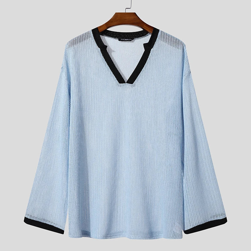 AIDASE  -  Men T Shirt Patchwork Hollow Out See Through Sexy Male Tee Tops Loose V Neck Long Sleeve Fashion Streetwear Men Clothing aidase-shop