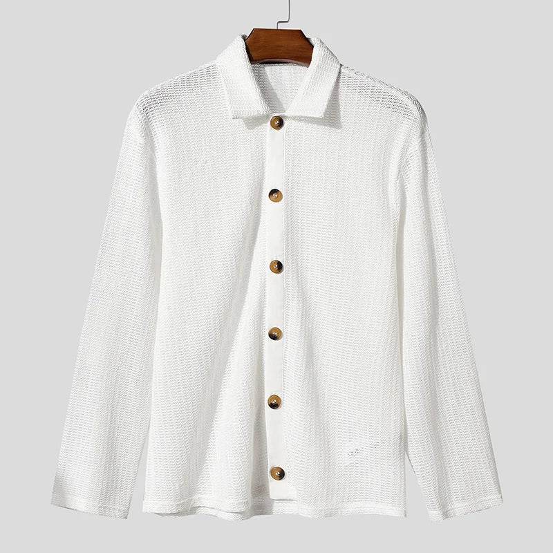 AIDASE  -  Men Shirt Hollow Out See Through Solid Color Lapel Long Sleeve Men Clothing Streetwear Loose 2025 Fashion Casual Tops aidase-shop