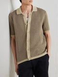AIDASE  -  Hollow Out Short Sleeve Knitting Shirts For Men Summer Trendy Button Lapel Cardigan Tops Vintage Patchwork Lapel Knit Mens Shirt