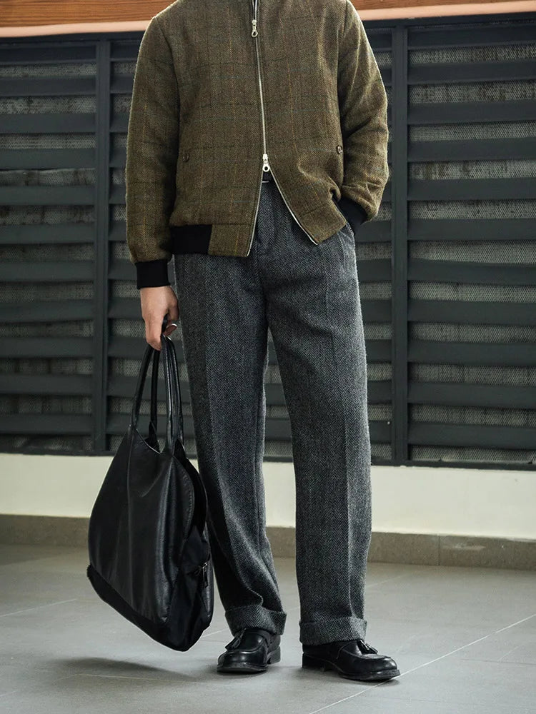 Aidase American retro Hollywood waist wool tweed casual pants Hollywood classic loose fitting straight leg pants aidase-shop
