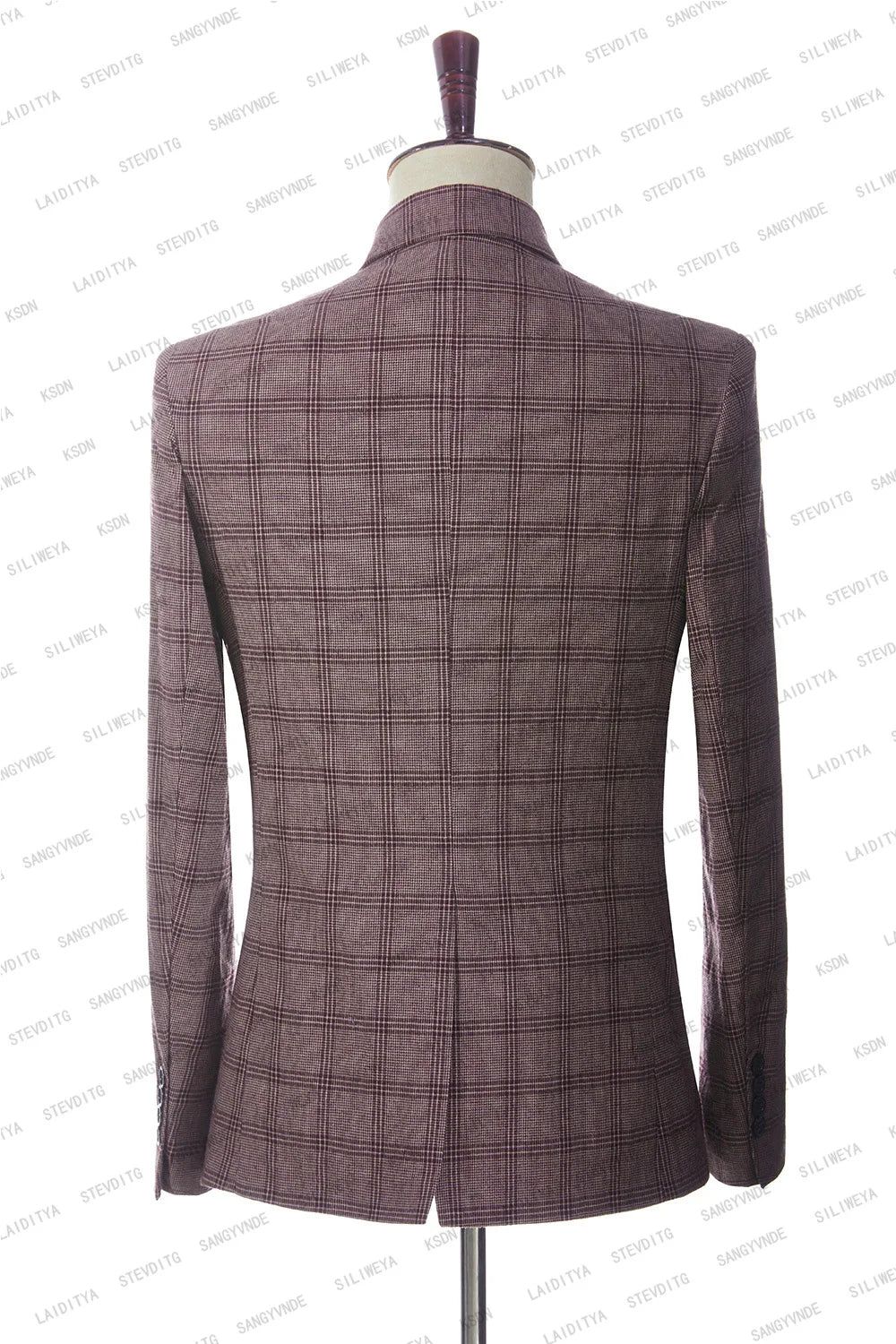 Aidase Men's Wedding Plaid Burgundy Blazers Jacket Pants Vest 3 Pcs Set Slim Fit Business Tuxedo Dress Classic Formal Suits Coat