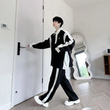 Elegant Black White Color Contrast Sports Shirt Set Long Sleeved Polo Shirt Sweatpants Two Piece Set Casual Handsome Tracksuit aidase-shop