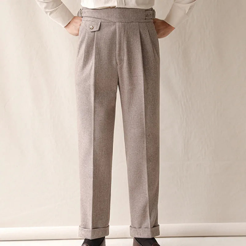 British High Waist Pants Office-trousers Autumn Winter Men's Warm Retro Straight Trouser Male Casual  Dress Pant Trousers aidase-shop