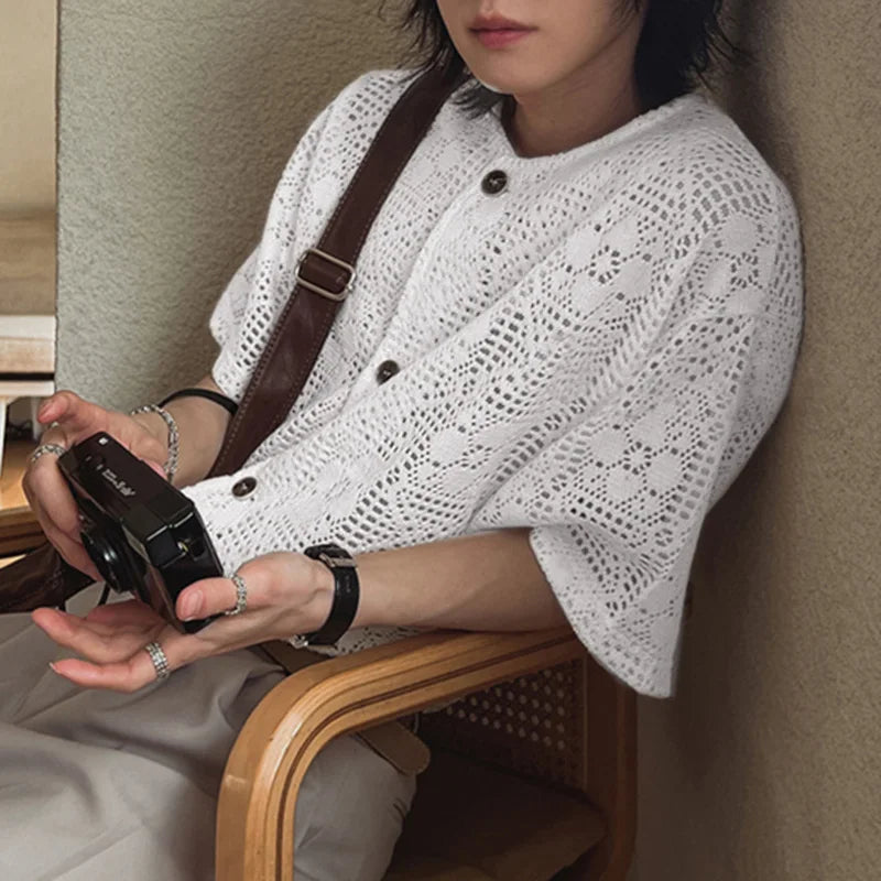 AIDASE  -  2025 Men Shirt Lace See Through Sexy O-neck Short Sleeve Button Male Tops Shirts Streetwear Sexy Men Clothing Summer aidase-shop