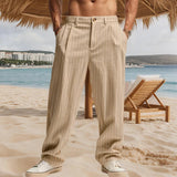 AIDASE  -  Vintage Loose Straight Linen Pants Men Daily Casual Linen Breathable Trousers 2025 Spring Summer Stylish Mens Striped Trousers aidase-shop