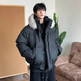 AIDASE  -  Detachable Hooded Men's Cotton Jacket American Style Short Fur Collar Long Sleeve Solid Color Casual Male Coats 21E7670 aidase-shop