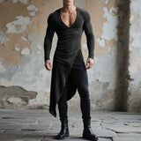 AIDASE  -  Men Irregular T Shirt Solid Color V Neck Short Sleeve Long Style Tee Tops Streetwear 2025 Fashion Casual Men Clothing aidase-shop