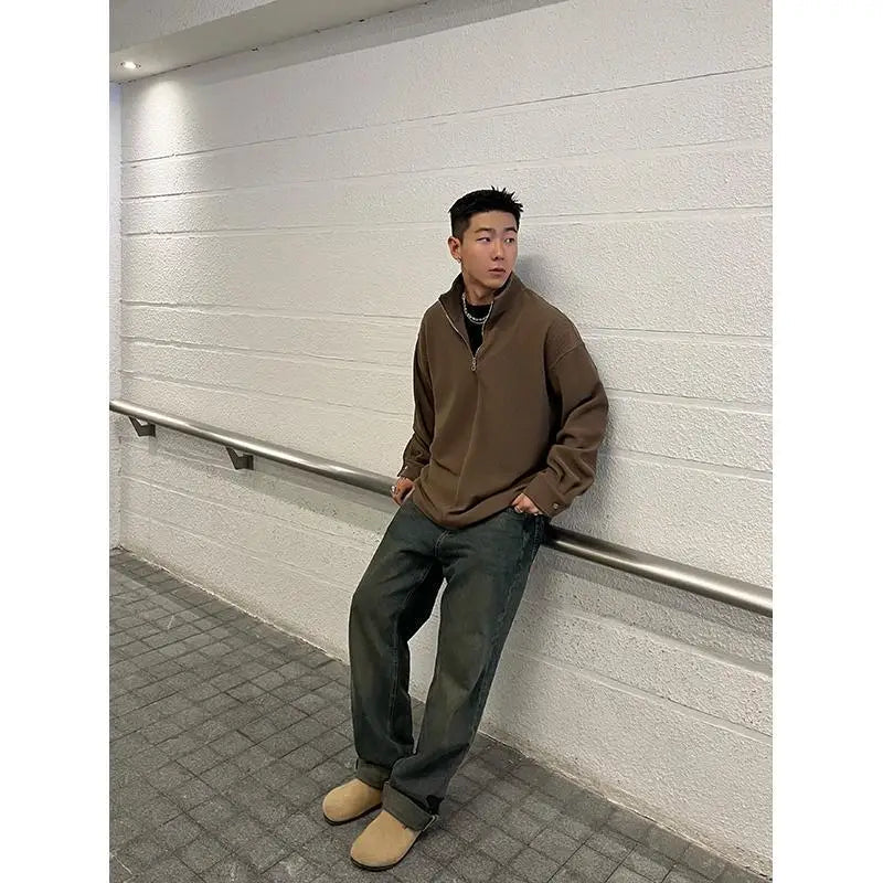 AIDASE  -  Ribbed Textured Fabric Semi-Zip Hoodie with Loose Shoulders aidase-shop