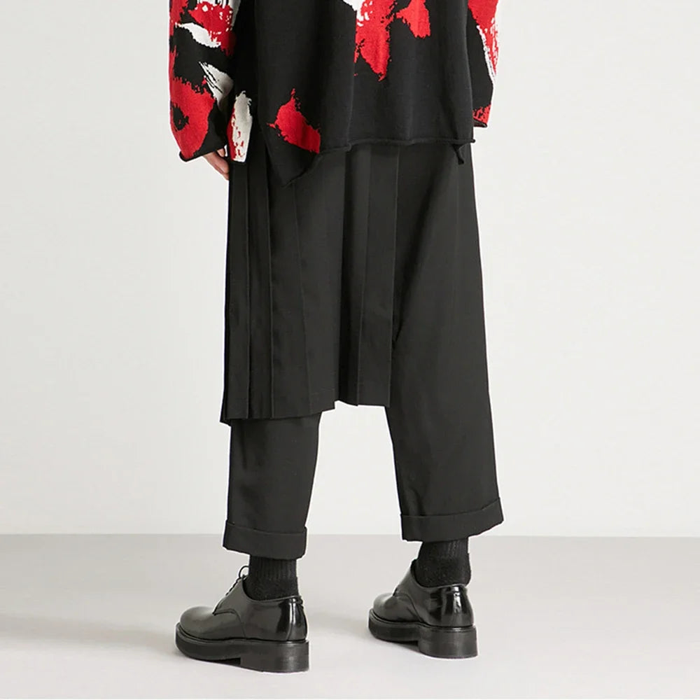 AIDASE  -  Spring Summer New Genderless Double-Layer Culottes Mens Fashion Trend Casual Deconstructed Pleated Trousers Straight Pants aidase-shop