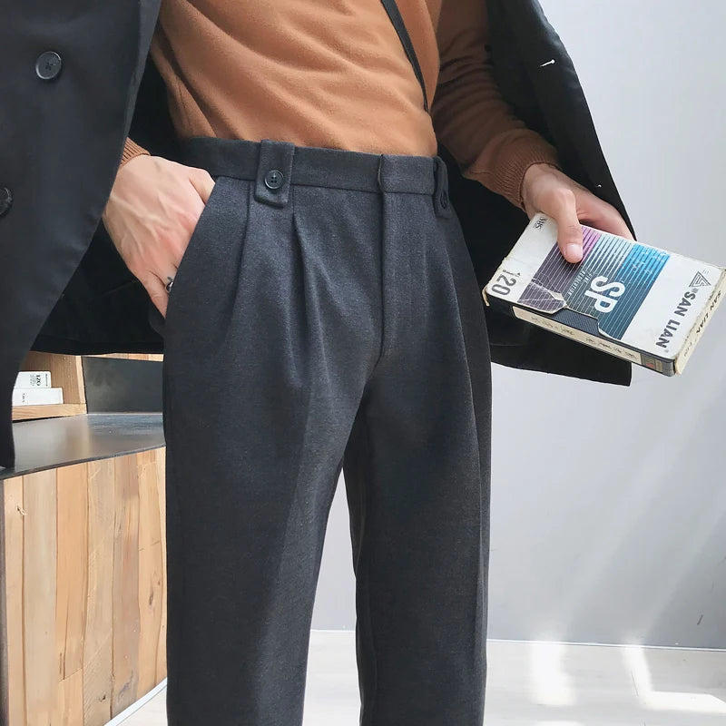 Autumn Winter Woolen Business Dress Pants Men Elastic Waist Streetwear Casual Trousers Formal Social Suit Pants Costume Homme aidase-shop