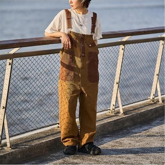 Aidase   Men's New Japanese Retro Overalls Brown Color Casual Pants Couple Pants Loose Straight Trousers Salopettes Romper Jumpsuit aidase-shop