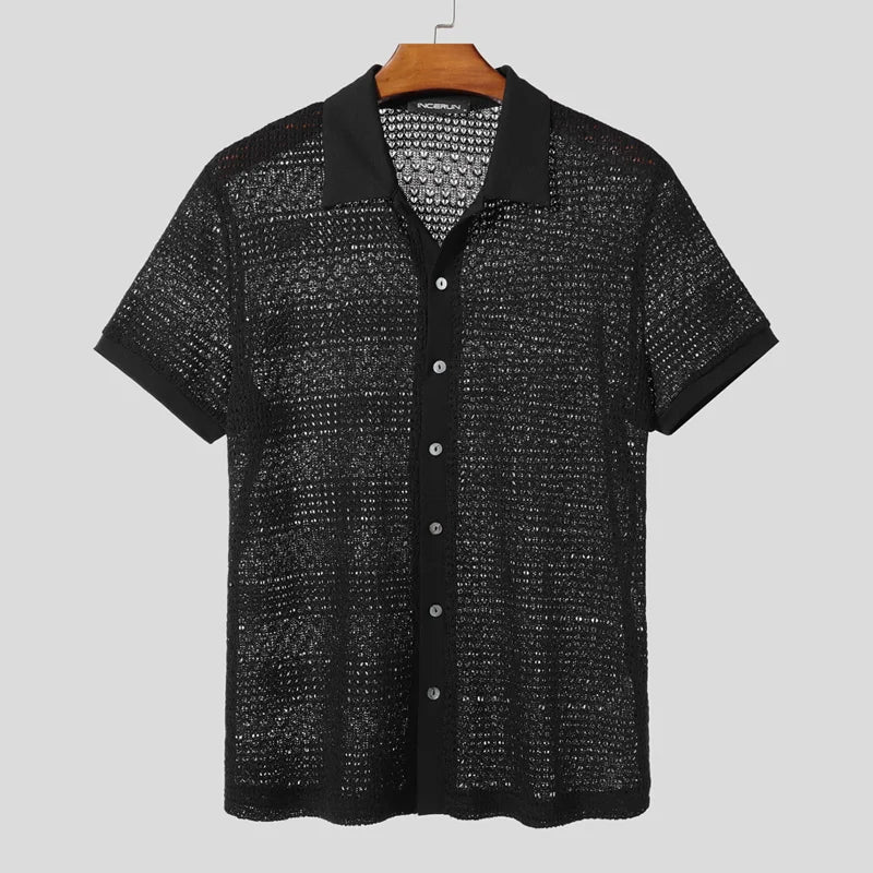 AIDASE  -  Men Shirt Hollow Out See Through Lapel Short Sleeve Men Clothing Summer Streetwear 2025 Fashion Casual Male Shirts S-5XL aidase-shop