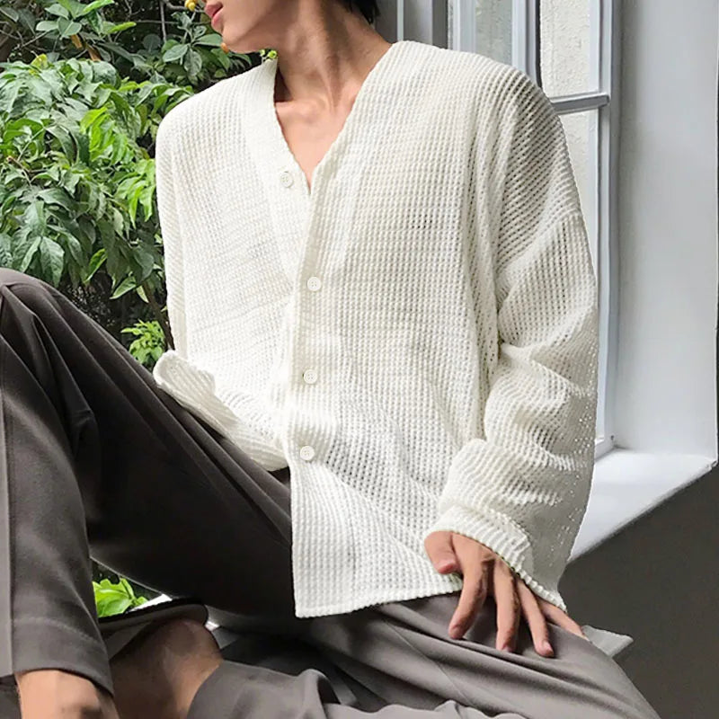 AIDASE  -  Men Shirt Hollow Out See Through V Neck Long Sleeve Men Clothing Streetwear Solid 2025 Loose Tops Casual Male Shirts aidase-shop