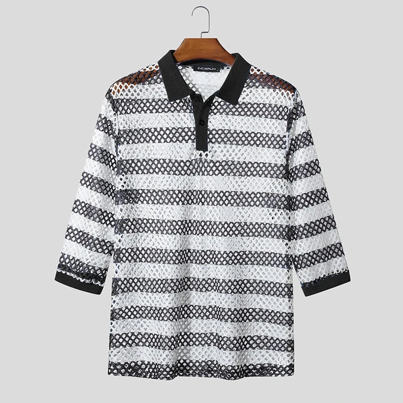 AIDASE  -  Men Shirt Striped Patchwork See Through Lapel Half Sleeve Hollow Out Male Shirts Streetwear Tops Fashion Men Clothing aidase-shop