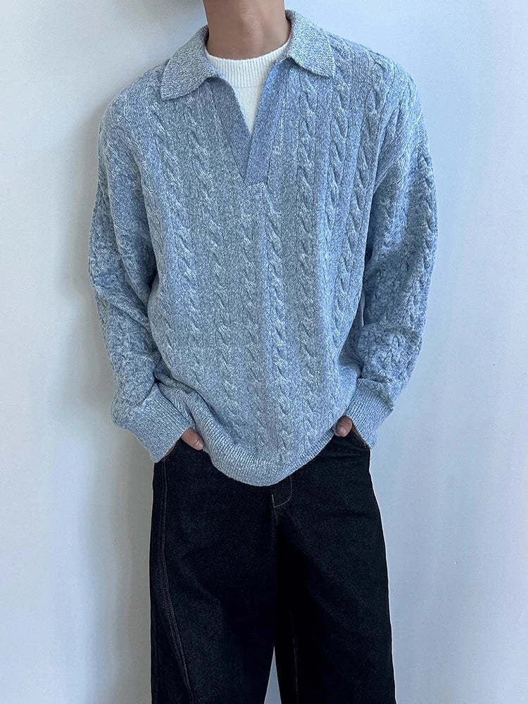 AIDASE  -  Autumn Casual Long Sleeve Knit Jumper Tops Mens Vintage Polo Neck Knitted Pullover Trendy Men's Twist Crochet Sweater Polo Shirt aidase-shop