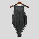 AIDASE  -  Men Bodysuits Lace Striped Patchwork O-neck Button Sleeveless Male Rompers Sexy 2025 Skinny Fashion Cozy Bodysuit Men aidase-shop