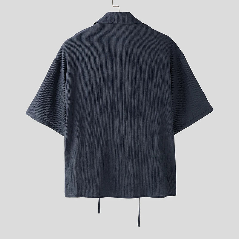 AIDASE  -  Men Shirt Lace Patchwork Pleated Lapel Short Sleeve Men Clothing Summer Streetwear 2025 Loose Fashion Casual Male Shirts aidase-shop