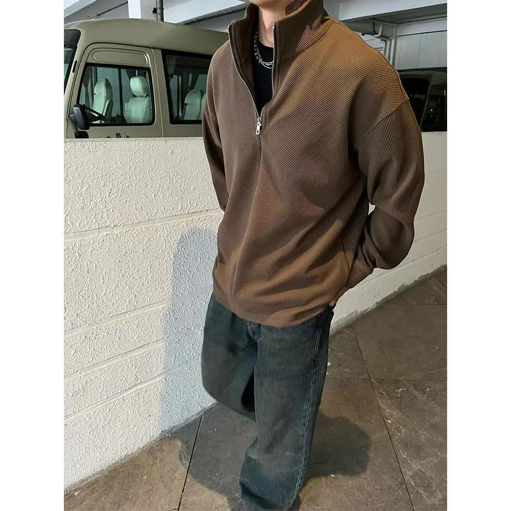 AIDASE  -  Ribbed Textured Fabric Semi-Zip Hoodie with Loose Shoulders aidase-shop