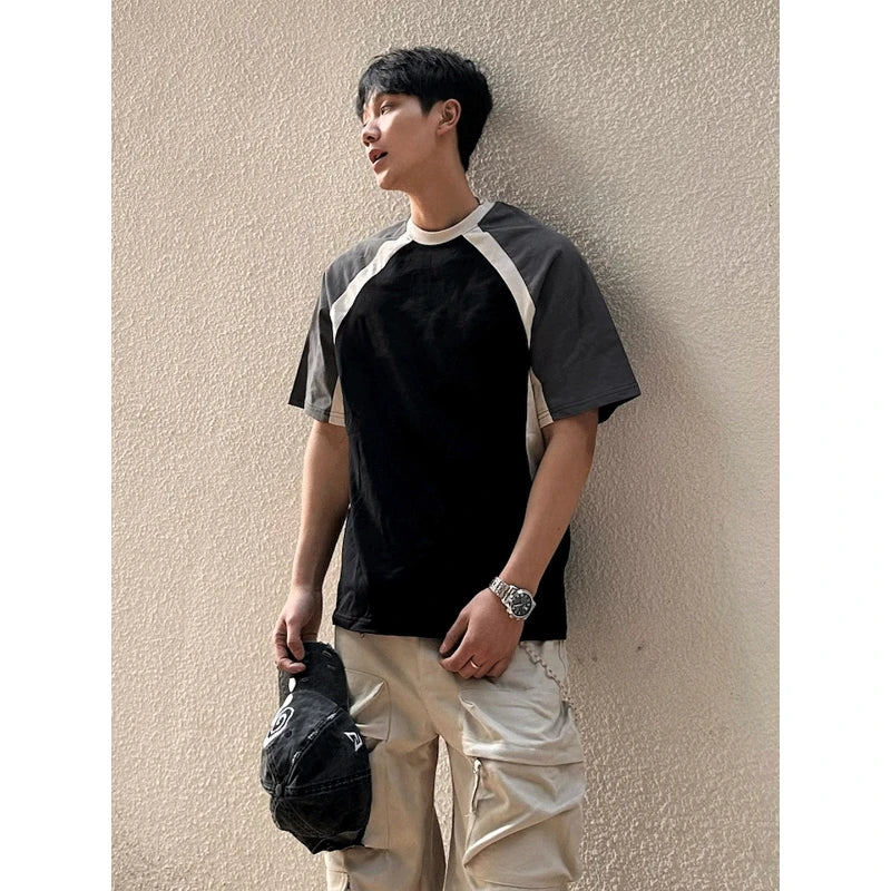 AIDASE  -  Summer American Style Color Block Raglan Round Neck Short Sleeve T-Shirt Men's Pure Cotton Heavyweight Loose Half Sleeve Top aidase-shop