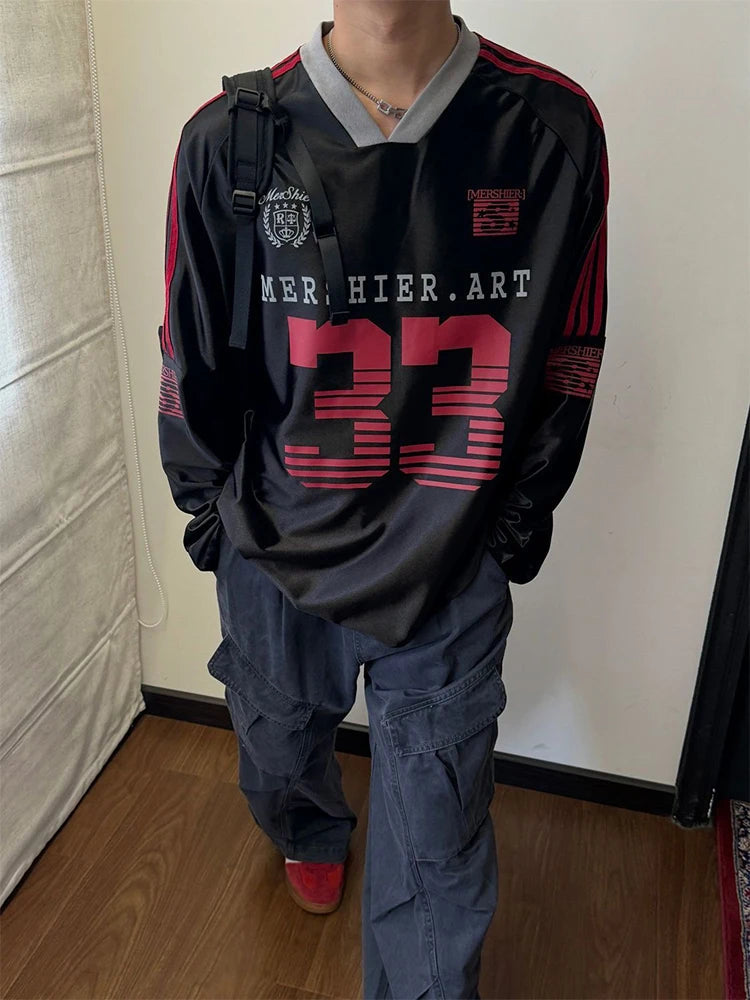 AIDASE  -  Retro Sports Jersey satin T shirt Men's clothing Hip Hop Printing V-neck Oversized Long Sleeved T shirt Casual Streetwear Autumn aidase-shop