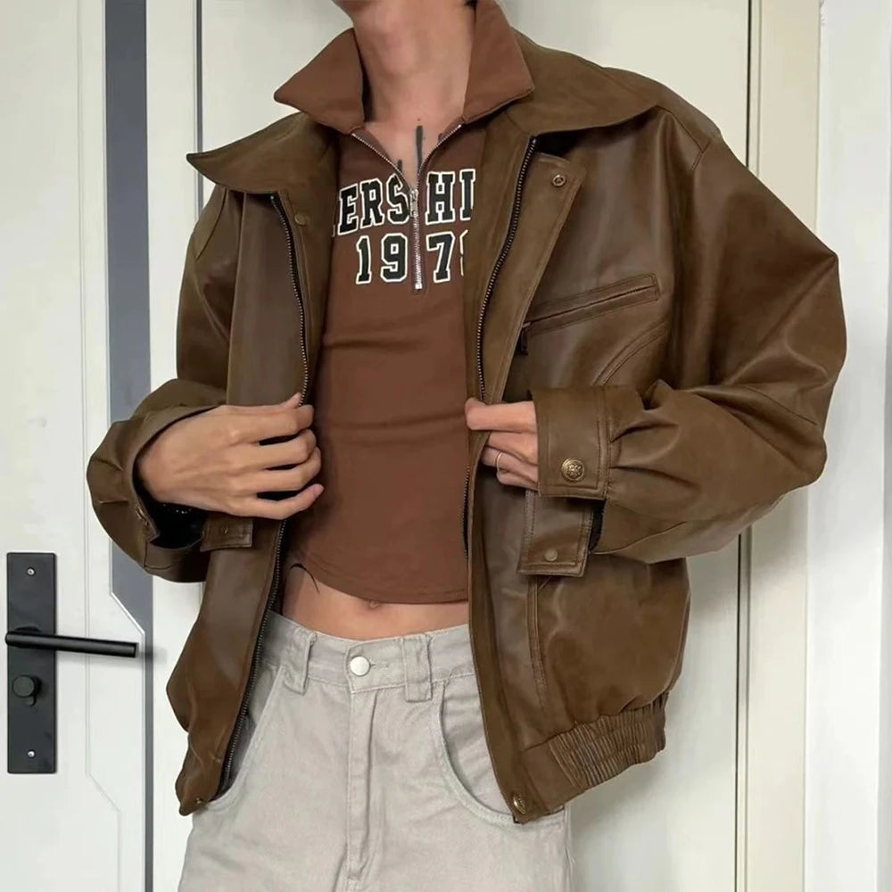 AIDASE  -  Mens Street Fashion Hip-Hop Niche Deconstruction Design Solid Color Pu Leather Jacket Autumn And Winter Unisex Handsome Y2k Coat aidase-shop